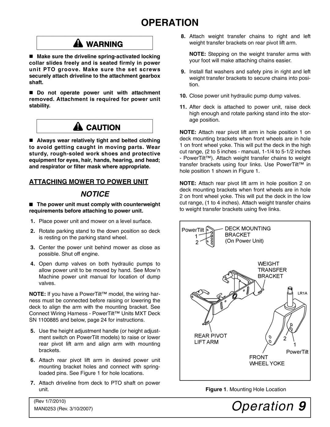 Woods Equipment MX54T, MX61T manual Operation, Attaching Mower to Power Unit 