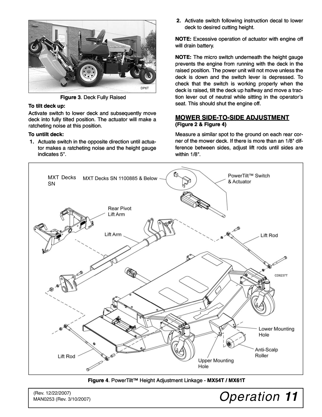 Woods Equipment MX54T, MX61T manual Mower Side-To-Side Adjustment, Operation 