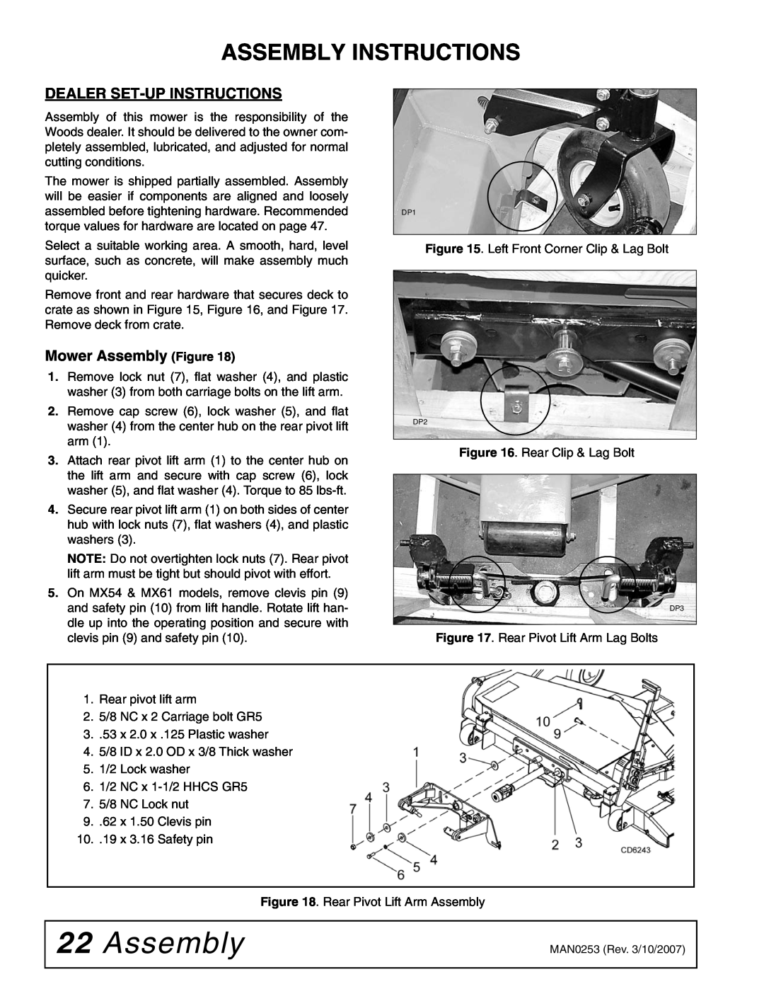 Woods Equipment MX61T, MX54T manual Assembly Instructions, Dealer Set-Up Instructions, Mower Assembly Figure 