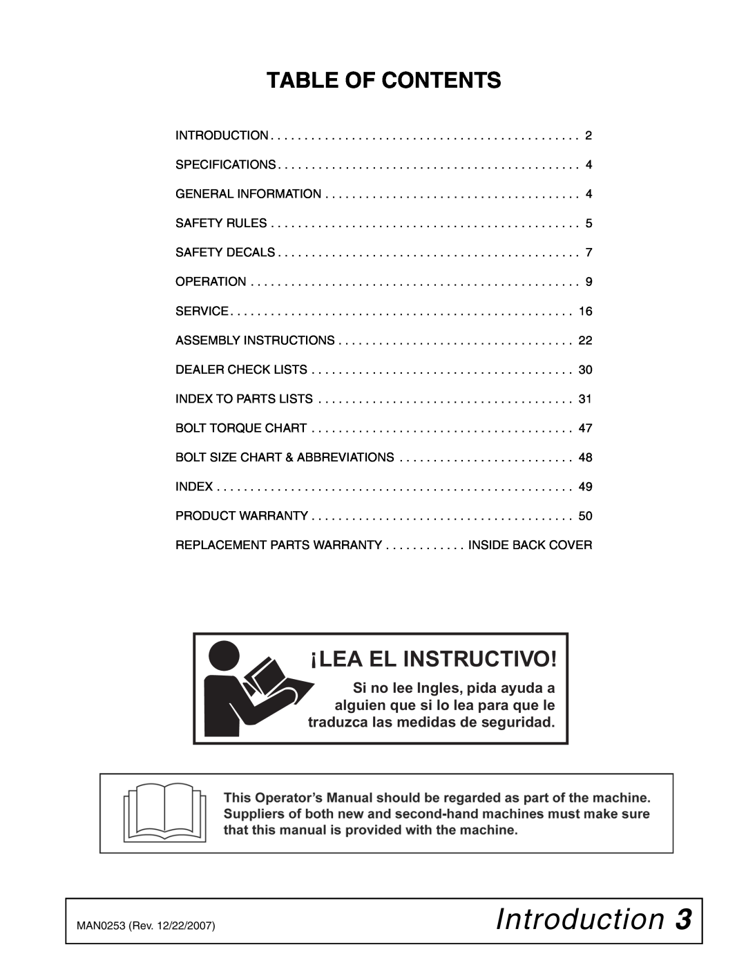 Woods Equipment MX54T, MX61T manual Introduction, Table Of Contents, Lea El Instructivo 