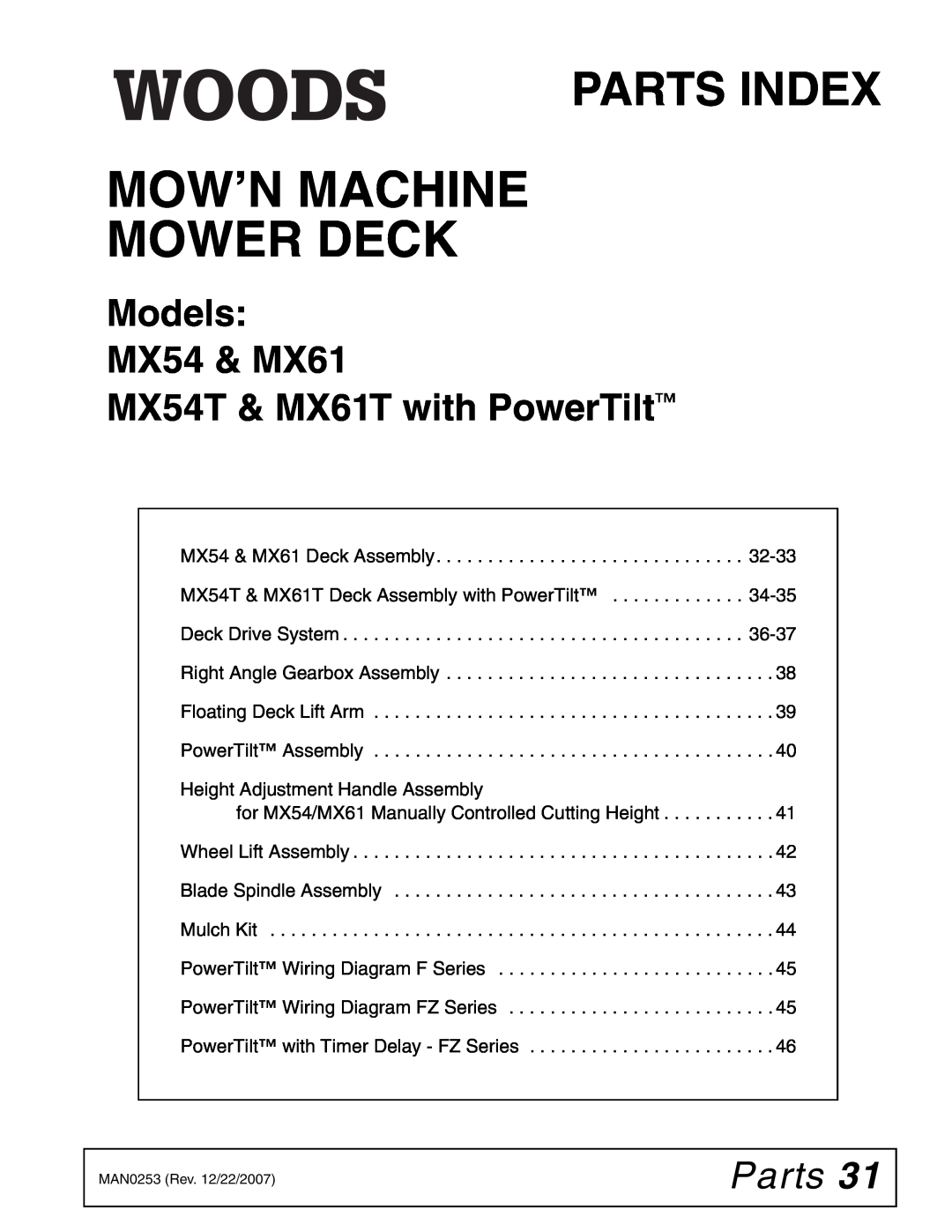 Woods Equipment manual Mow’N Machine Mower Deck, Parts Index, Models MX54 & MX61 MX54T & MX61T with PowerTilt 