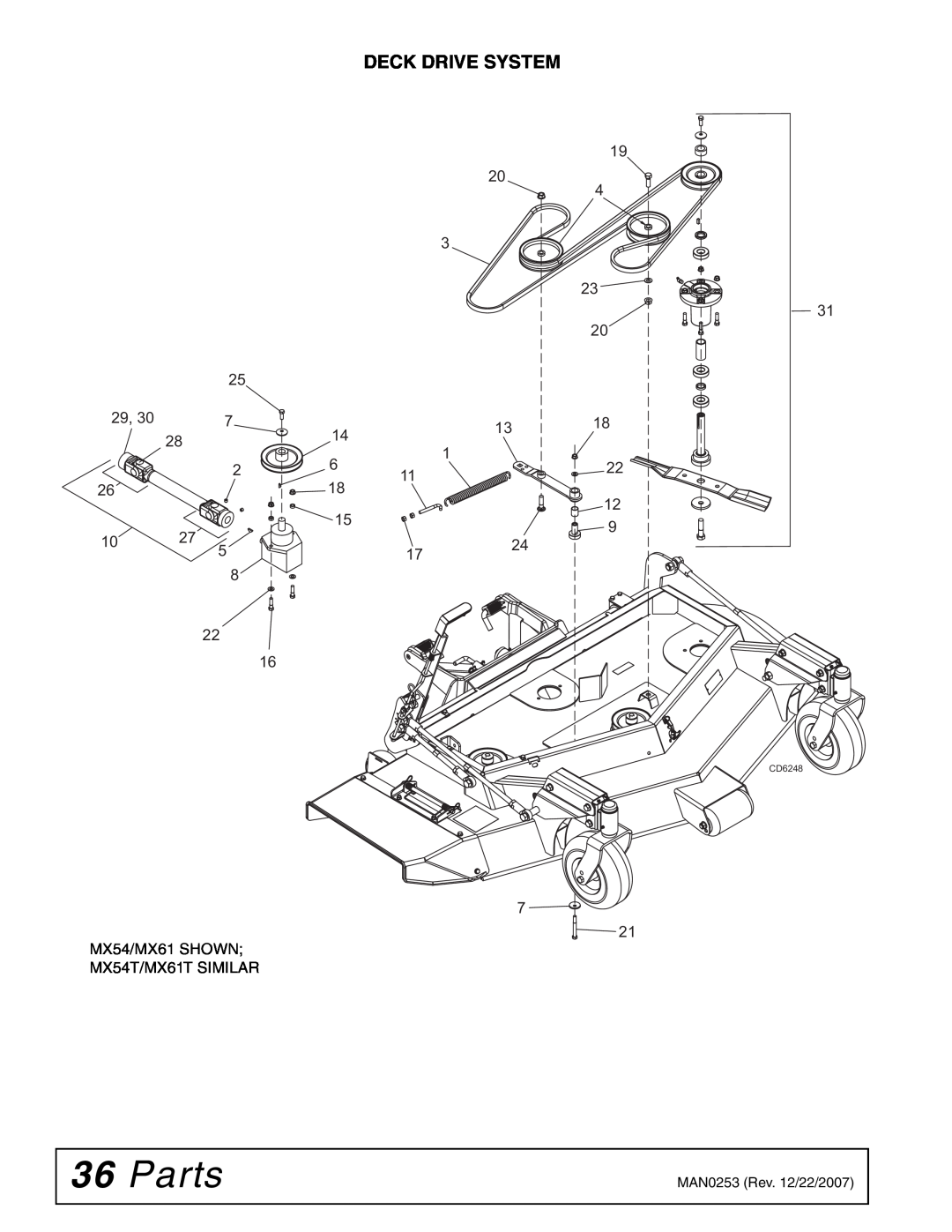 Woods Equipment manual Parts, Deck Drive System, MX54/MX61 SHOWN, MX54T/MX61T SIMILAR, CD6248 