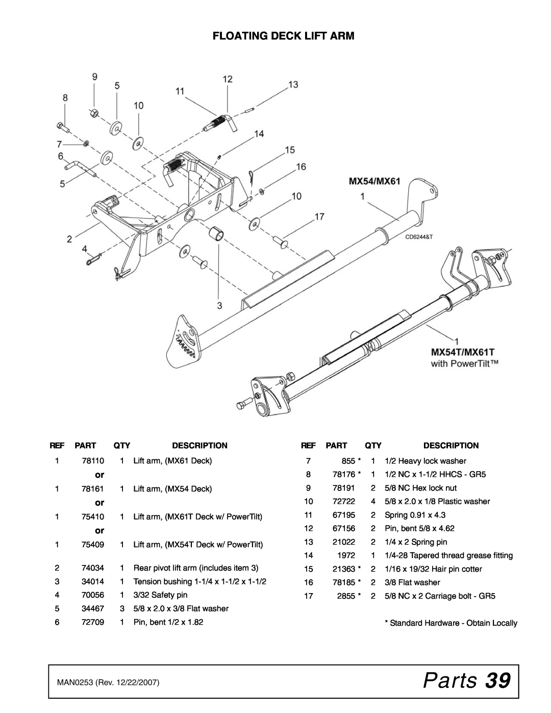 Woods Equipment MX54T, MX61T manual Floating Deck Lift Arm, Parts, Tension bushing 1-1/4 x 1-1/2 x 1-1/2 