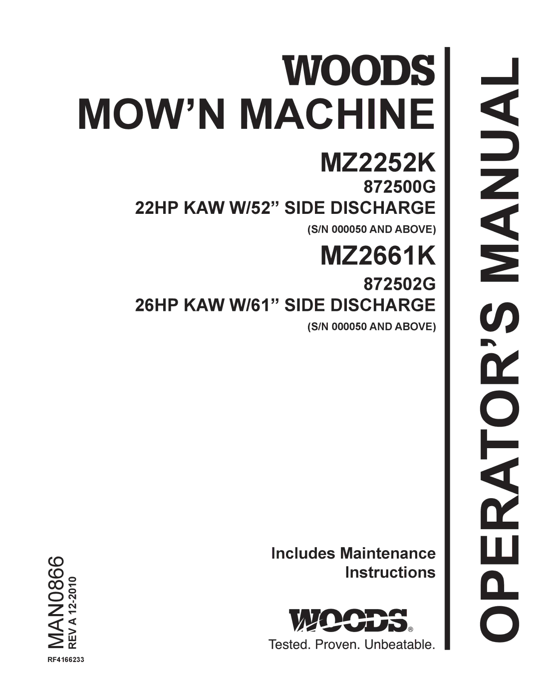 Woods Equipment MZ2252K manual OPERATOR’S Manual 