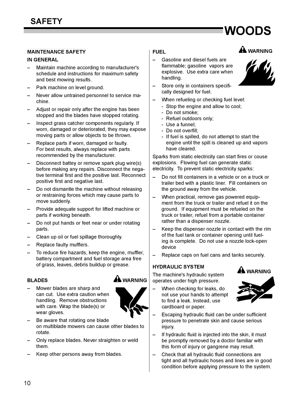 Woods Equipment MZ2252K manual Maintenance Safety General, Blades, Fuel, Hydraulic System 