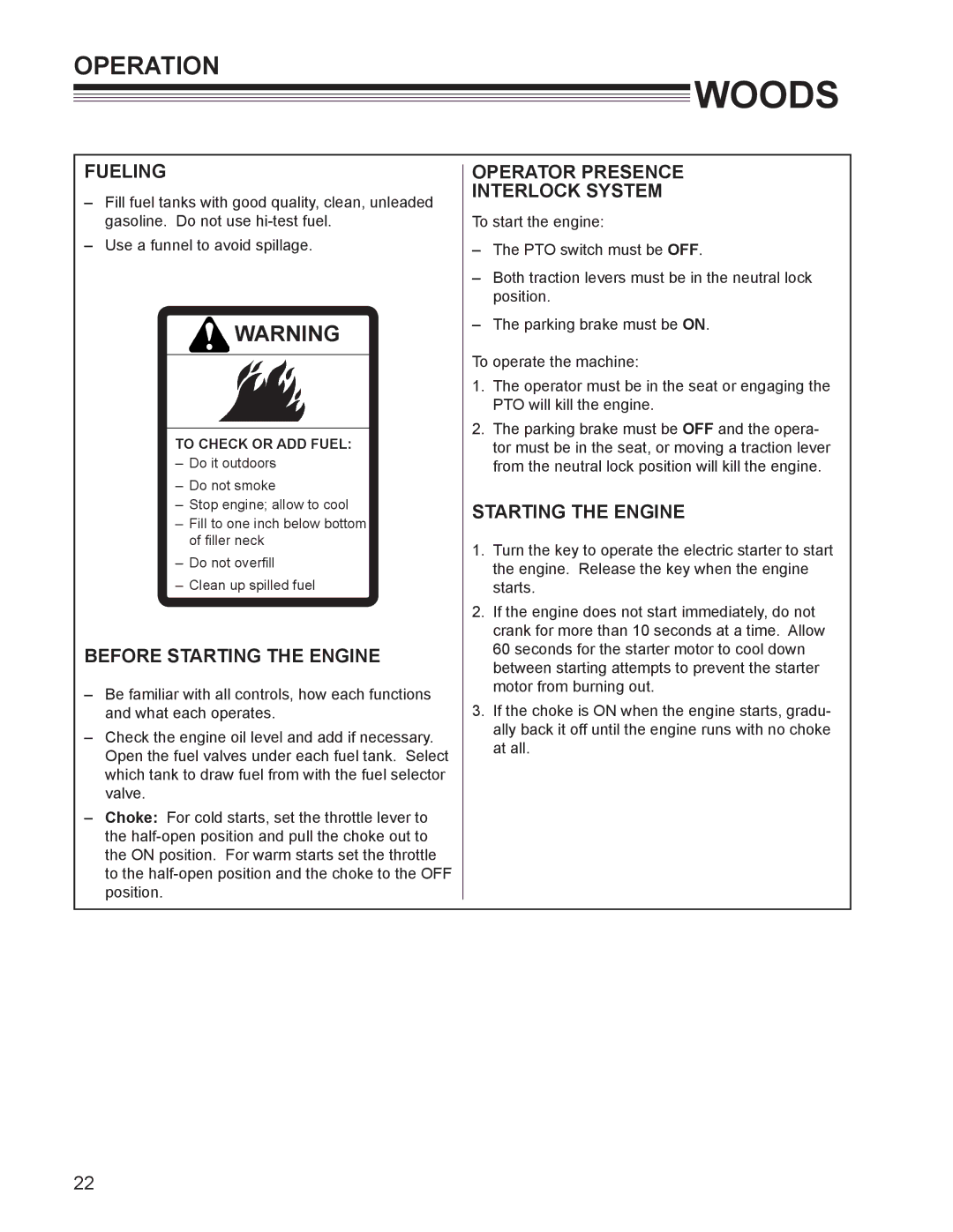 Woods Equipment MZ2252K manual Operation, Fueling, Before Starting the Engine, Operator Presence Interlock System 