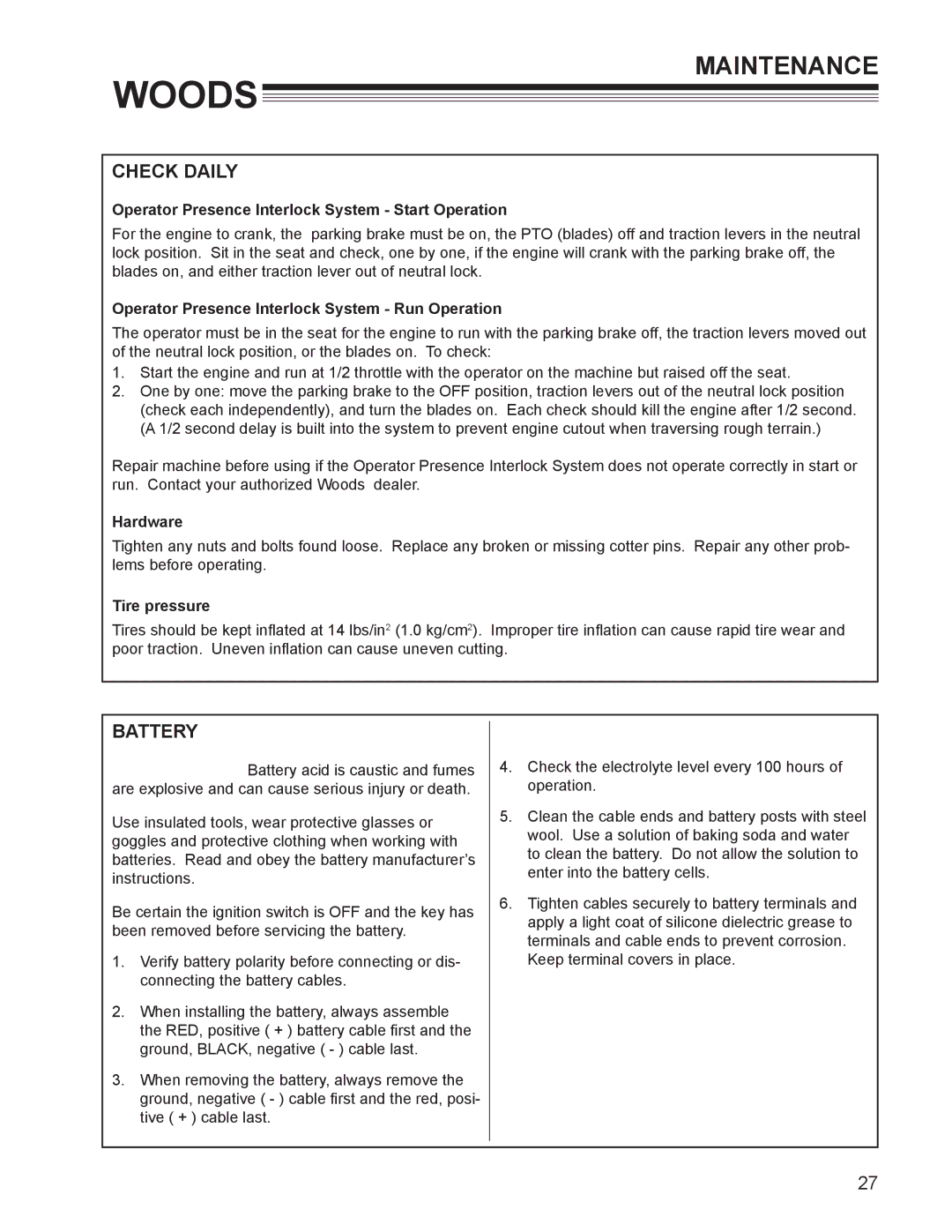 Woods Equipment MZ2252K manual Maintenance, Check Daily, Battery 