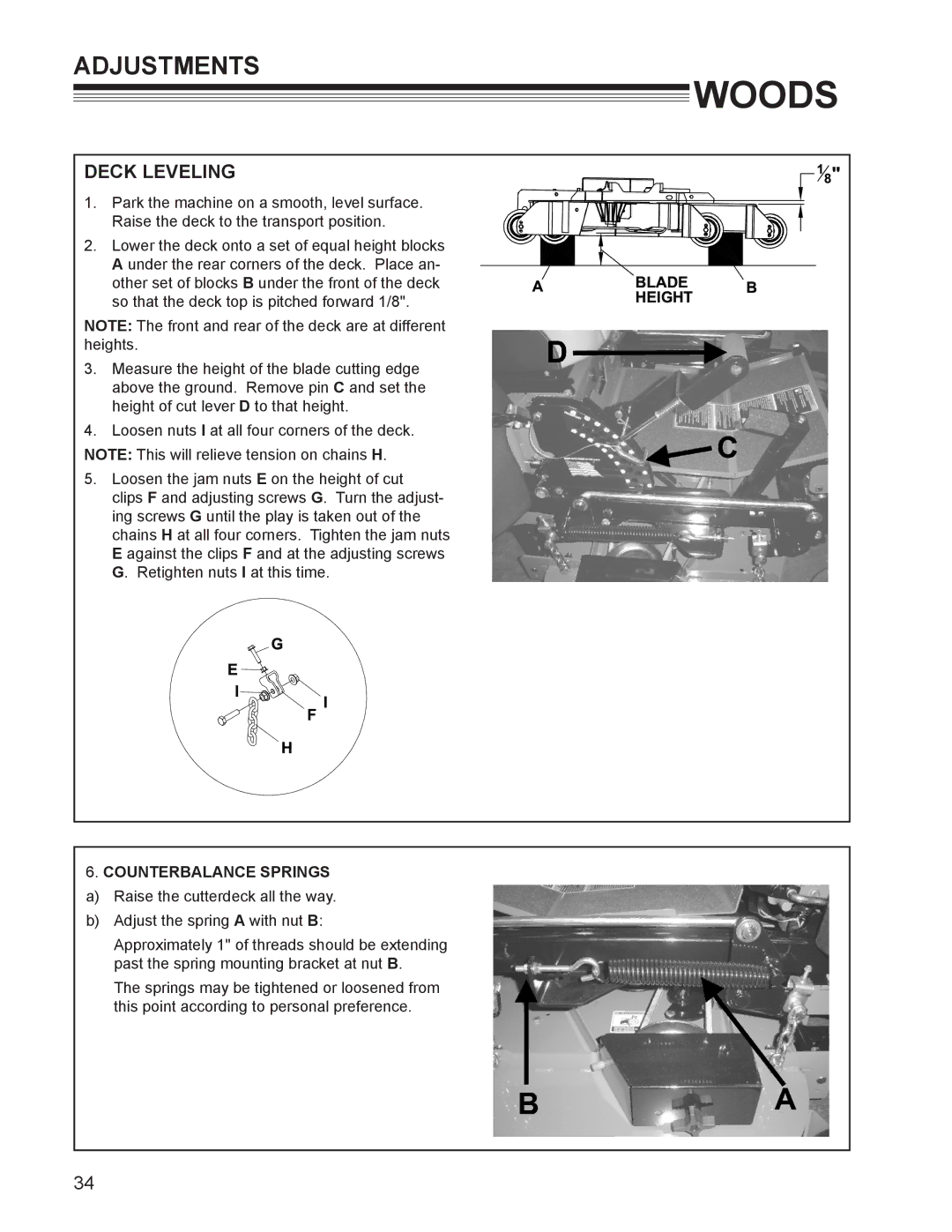 Woods Equipment MZ2252K manual Adjustments, Deck Leveling, Counterbalance Springs 