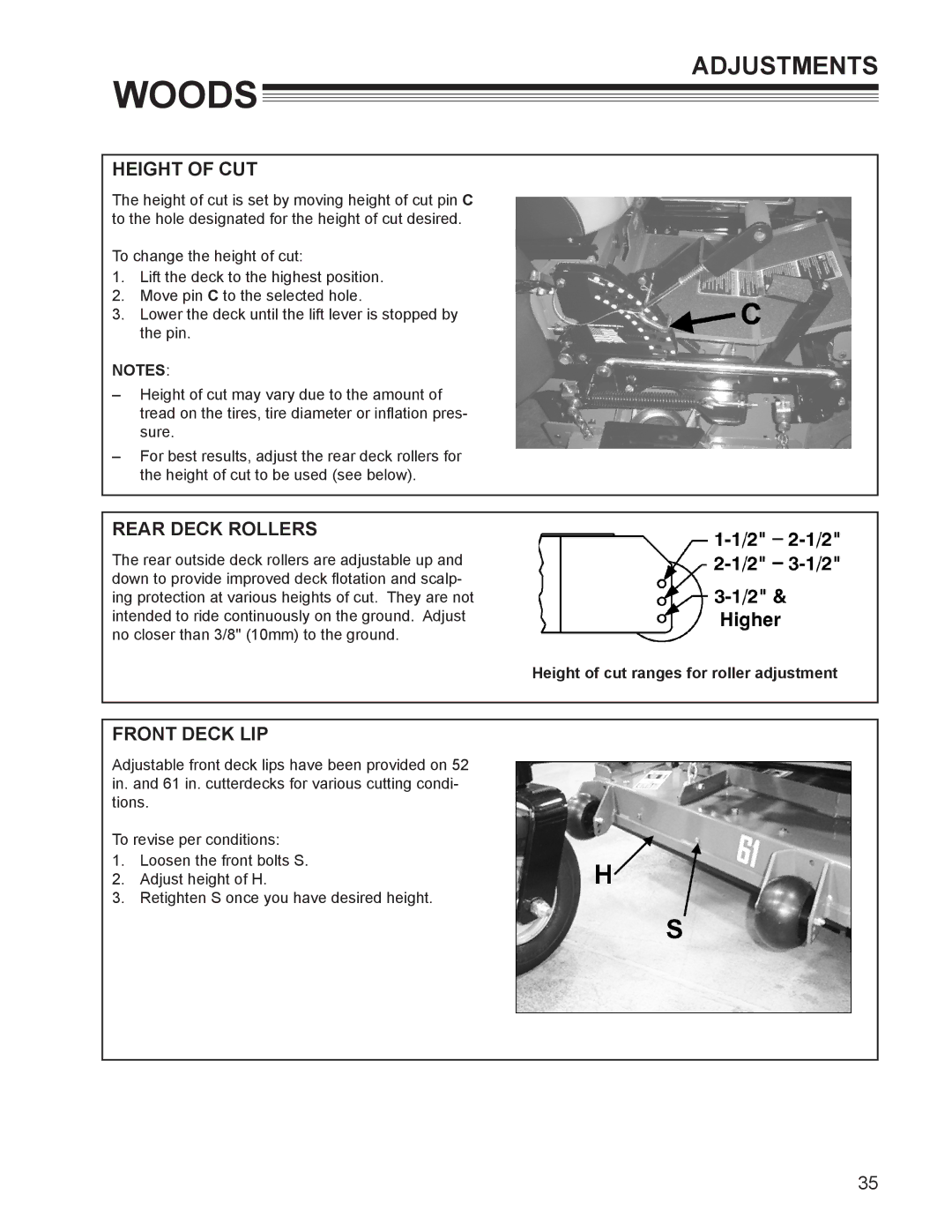 Woods Equipment MZ2252K manual Height of CUT, Rear Deck Rollers, Front Deck LIP, Height of cut ranges for roller adjustment 