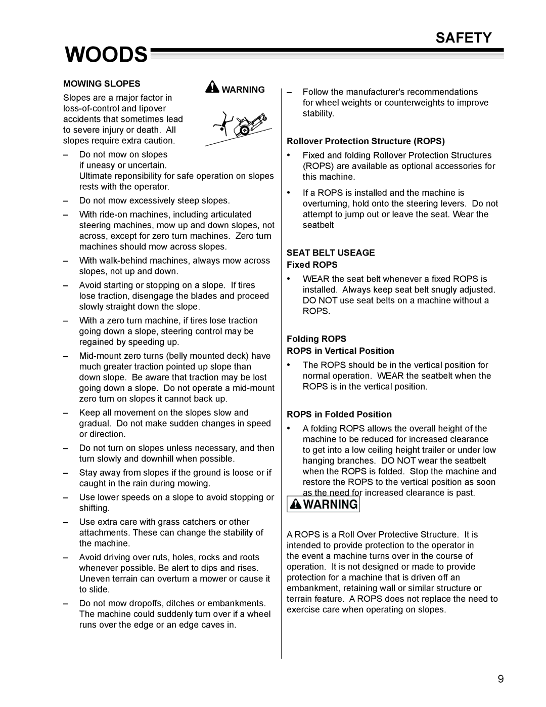 Woods Equipment MZ2252K manual Mowing Slopes, Seat Belt Useage 