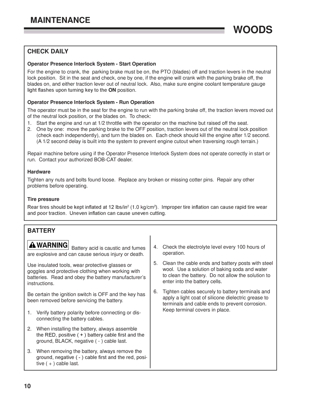 Woods Equipment 872502G, MZ2661K, 872500G manual Check Daily, Battery 