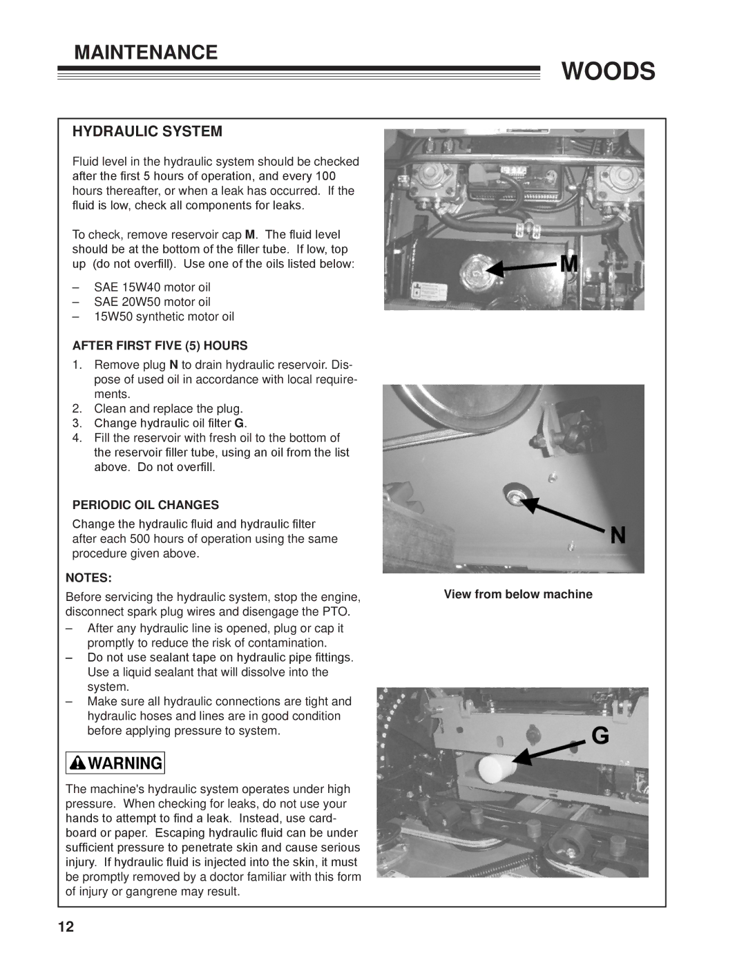Woods Equipment MZ2661K, 872502G, 872500G manual Hydraulic System, After First Five 5 Hours, Periodic OIL Changes 