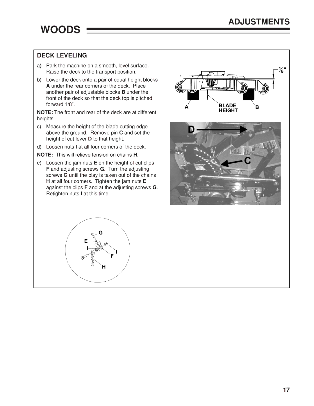 Woods Equipment 872500G, MZ2661K, 872502G manual Adjustments, Deck Leveling 