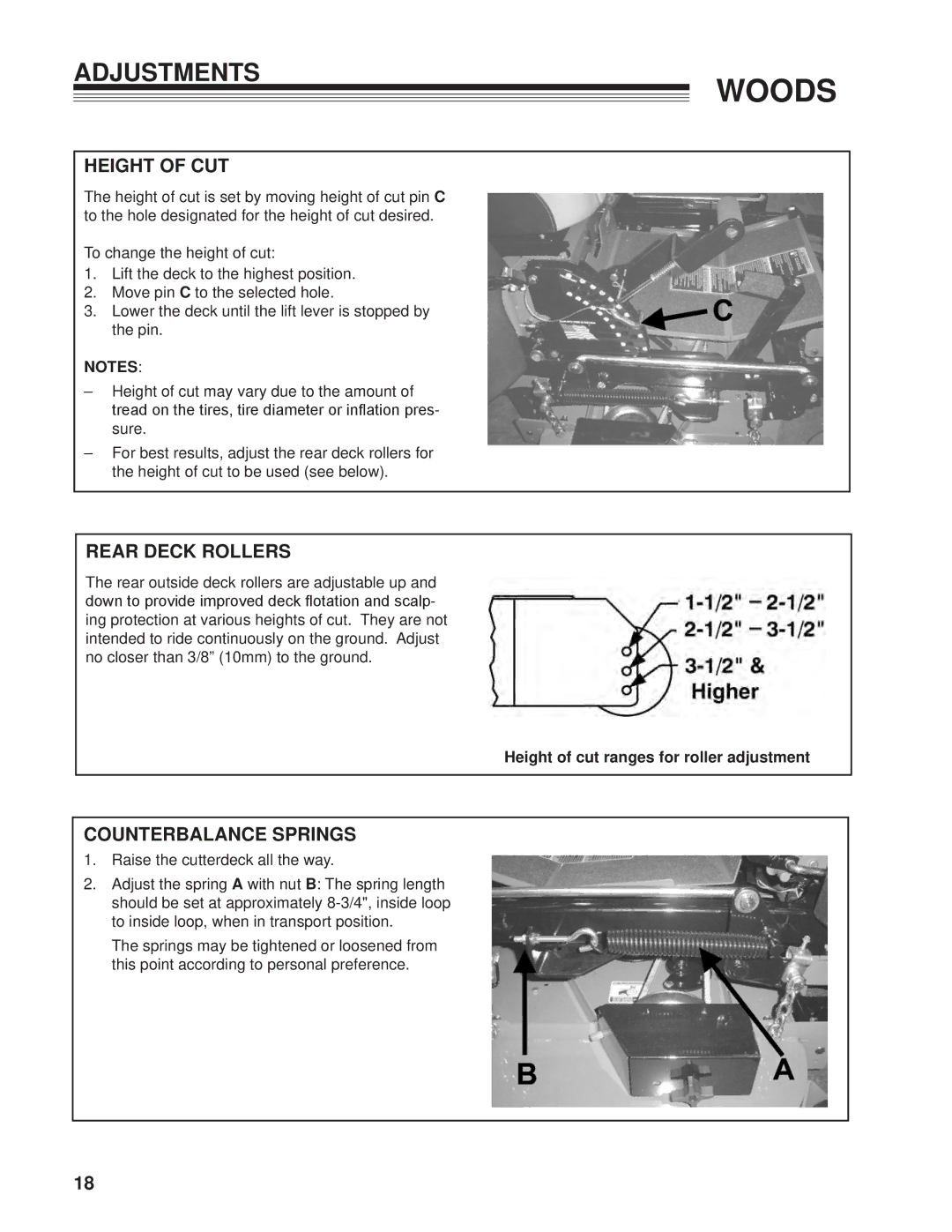 Woods Equipment MZ2661K, 872502G, 872500G manual Height of CUT, Rear Deck Rollers, Counterbalance Springs 