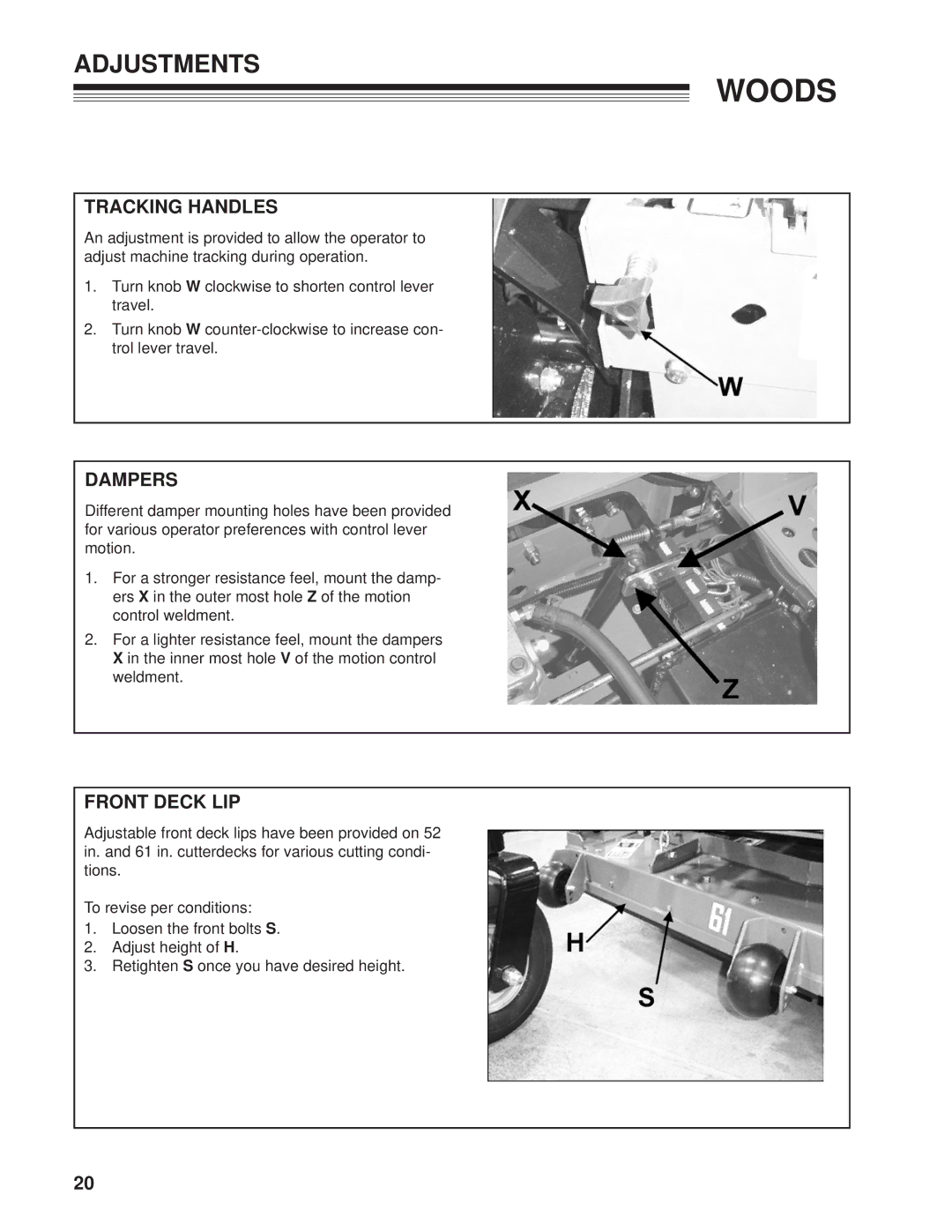 Woods Equipment 872500G, MZ2661K, 872502G manual Tracking Handles, Dampers, Front Deck LIP 