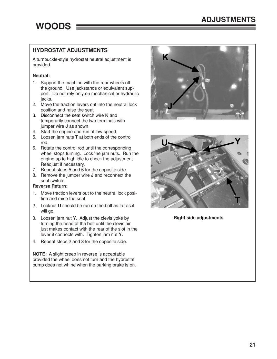 Woods Equipment MZ2661K, 872502G, 872500G manual Hydrostat Adjustments, Neutral 