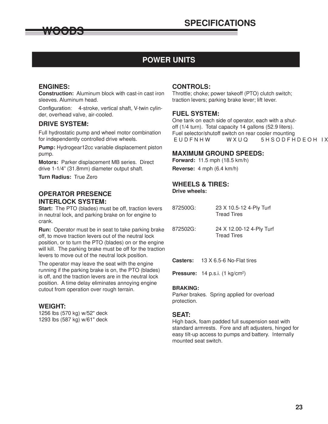 Woods Equipment 872500G Engines, Drive System, Operator Presence Interlock System, Weight, Controls, Fuel System, Seat 