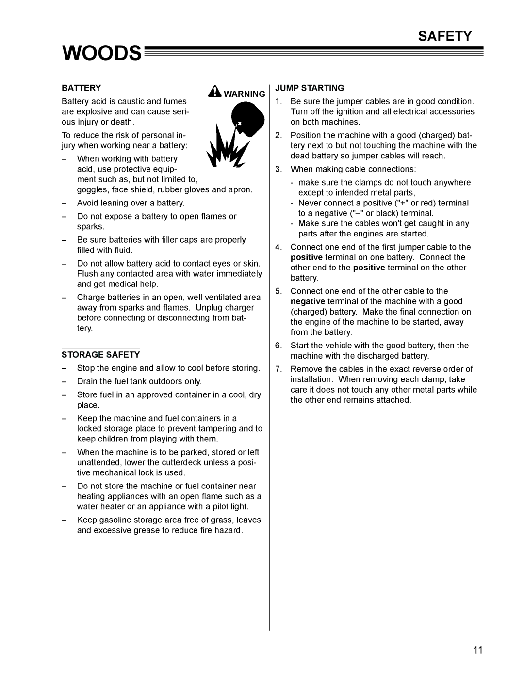 Woods Equipment MZ3761K-DFI, MZ3772K-DFI manual Battery, Storage Safety, Jump Starting 