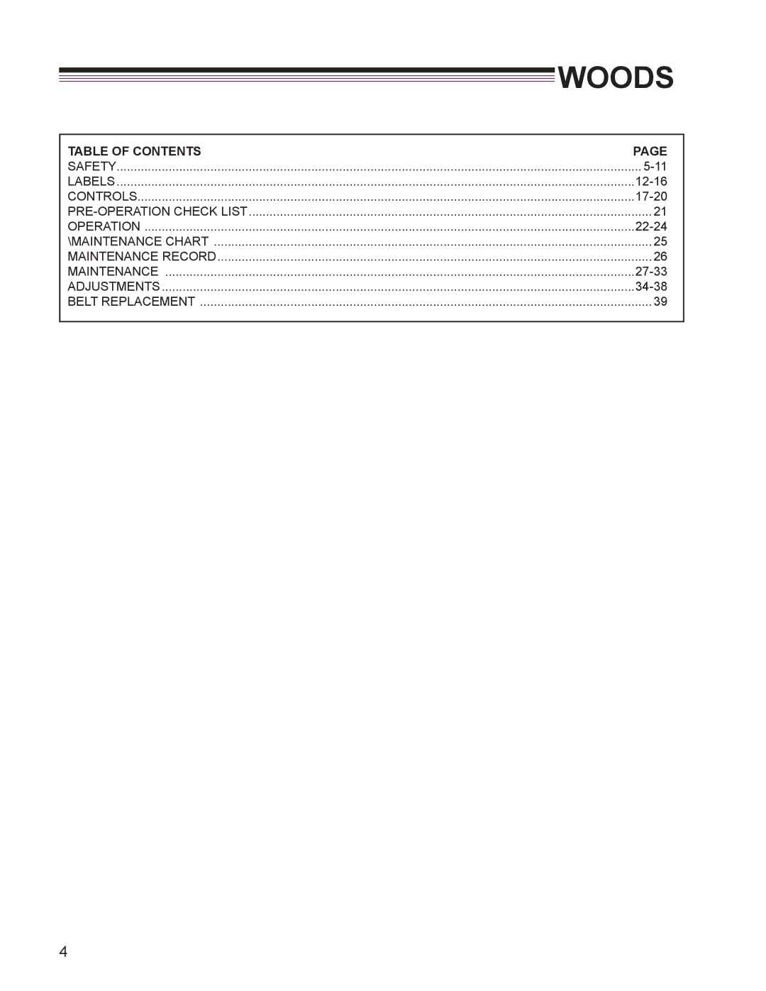 Woods Equipment MZ3772K-DFI, MZ3761K-DFI manual Table of Contents 