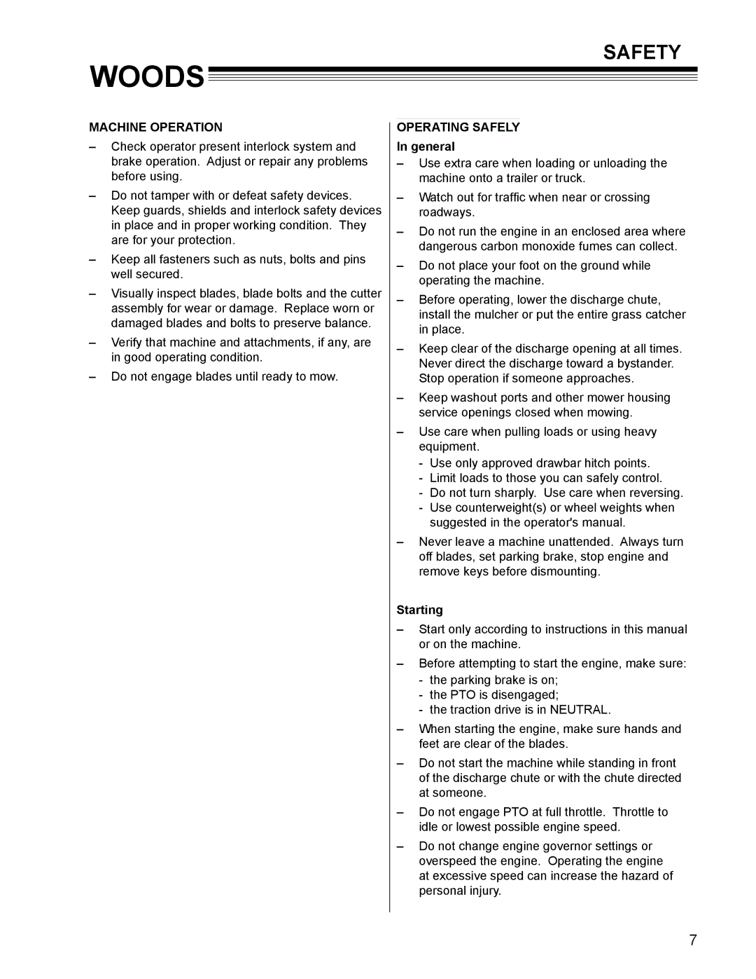 Woods Equipment MZ3761K-DFI, MZ3772K-DFI manual Machine Operation Operating Safely, General, Starting 