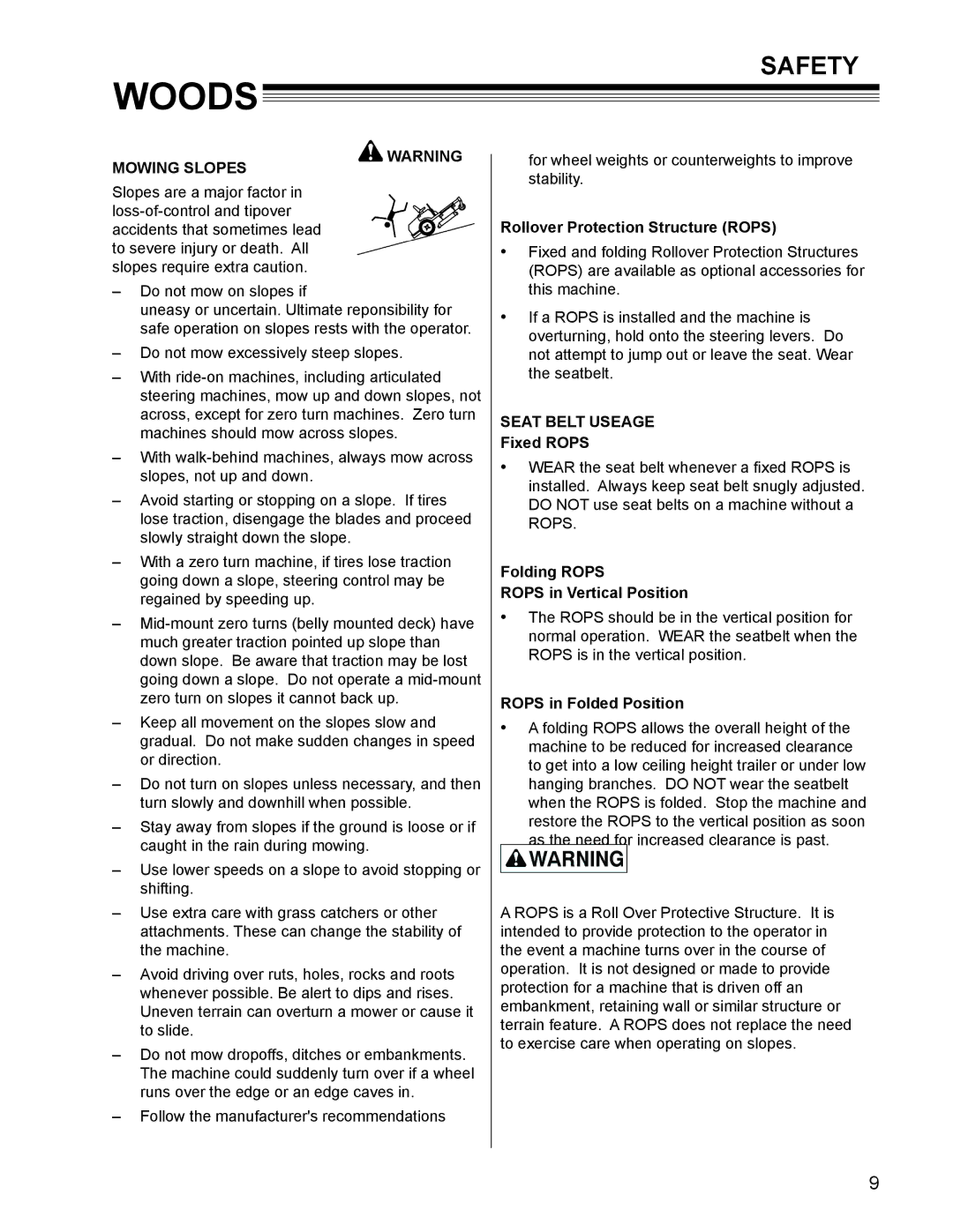 Woods Equipment MZ3761K-DFI, MZ3772K-DFI manual Mowing Slopes, Seat Belt Useage 