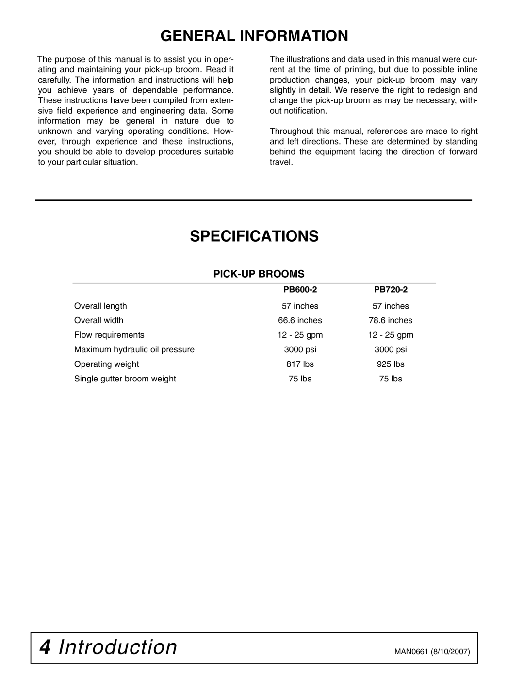 Woods Equipment manual General Information, Specifications, PICK-UP Brooms, PB600-2 PB720-2 