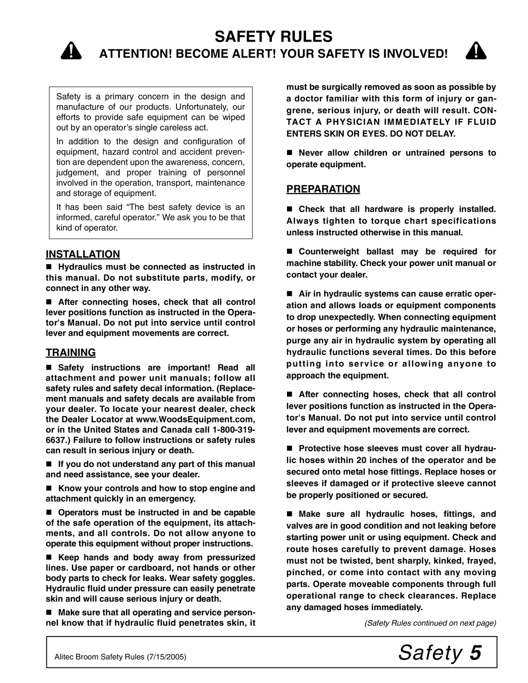 Woods Equipment PB720-2, PB600-2 manual Safety Rules, Installation, Training, Preparation 