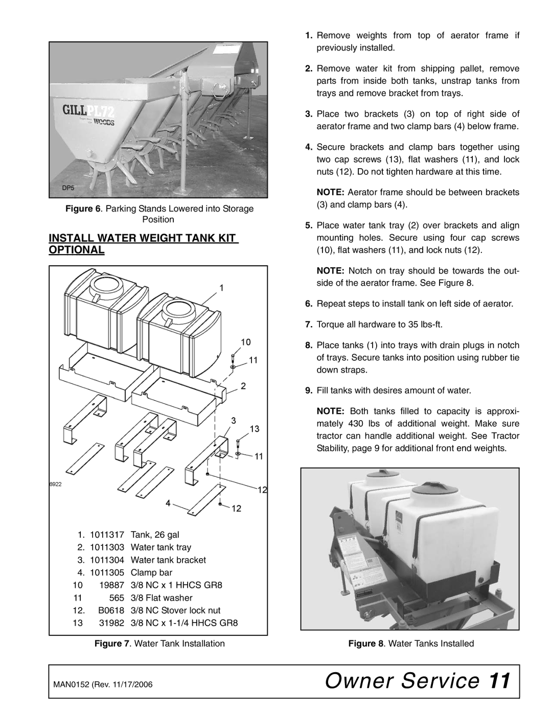 Woods Equipment PL48, PL72, PL60 manual Install Water Weight Tank KIT Optional, Parking Stands Lowered into Storage Position 