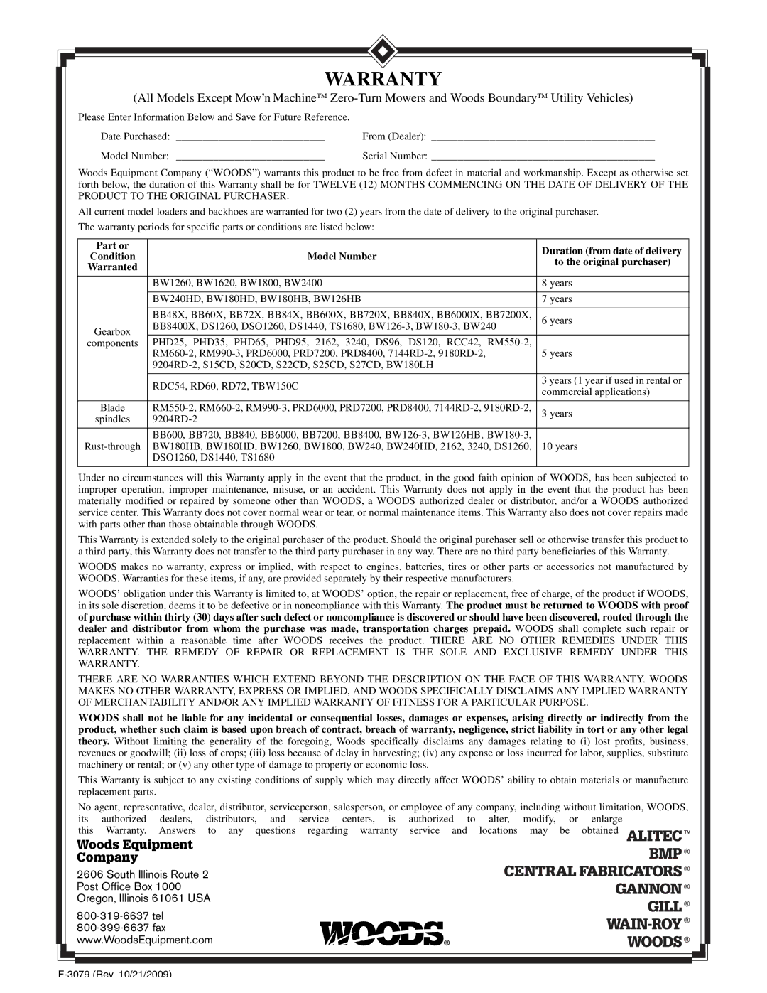 Woods Equipment PL60, PL72, PL48 manual Warranty 