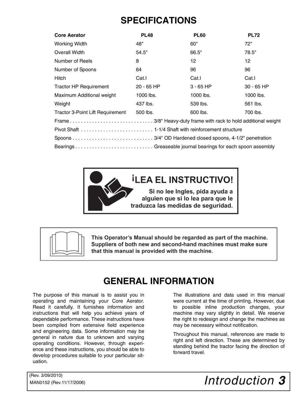 Woods Equipment PL72, PL60, PL48 manual Specifications, General Information 