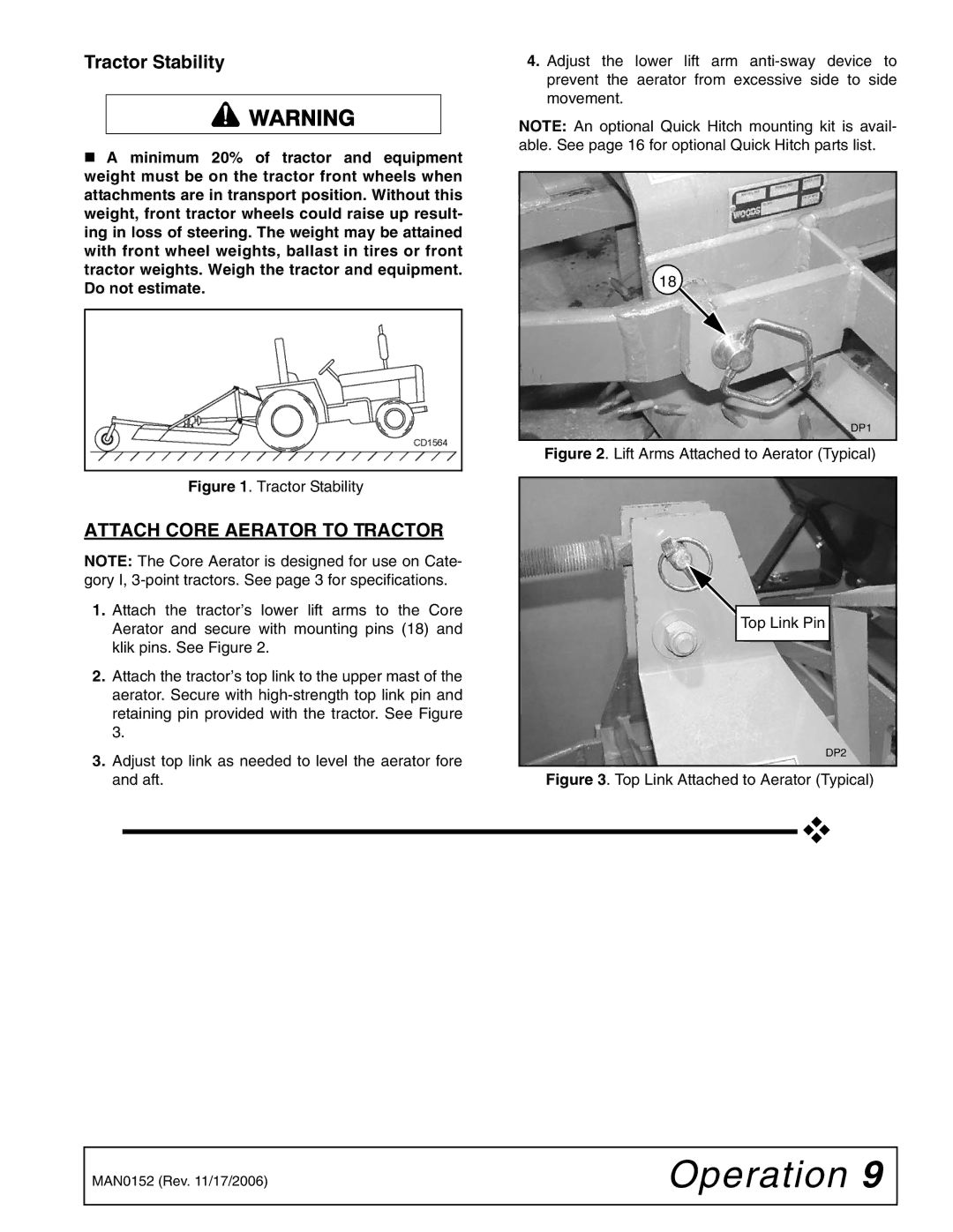 Woods Equipment PL72, PL60, PL48 manual Tractor Stability, Attach Core Aerator to Tractor 