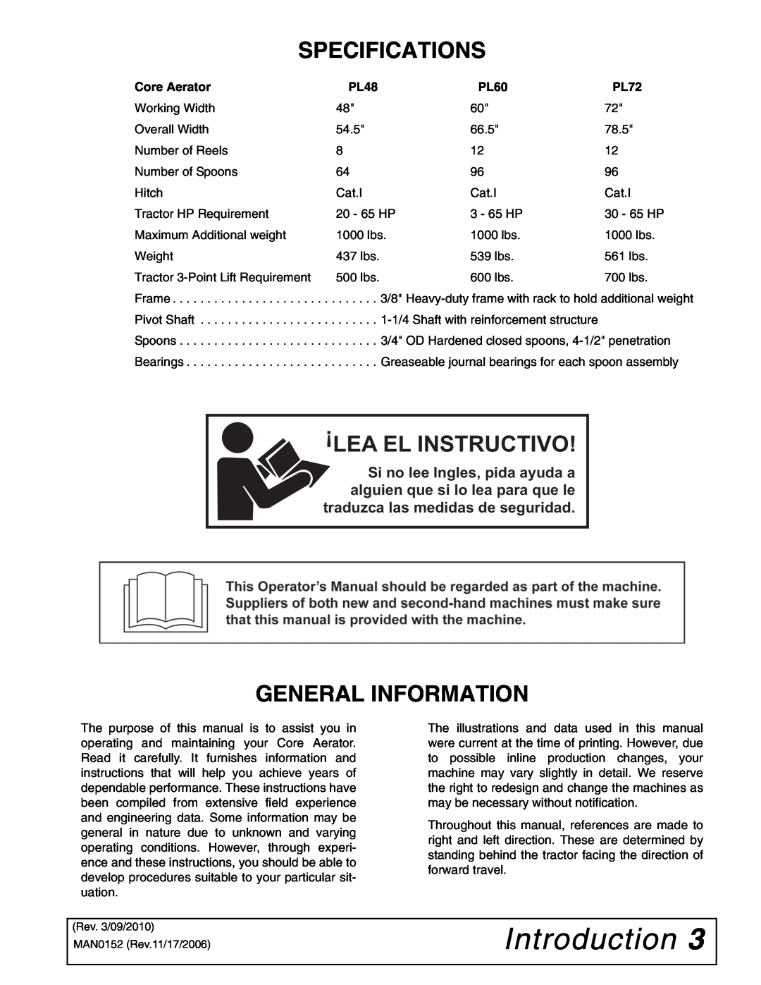 Woods Equipment PL72, PL60, PL48 manual Introduction, Specifications, General Information, Lea El Instructivo 