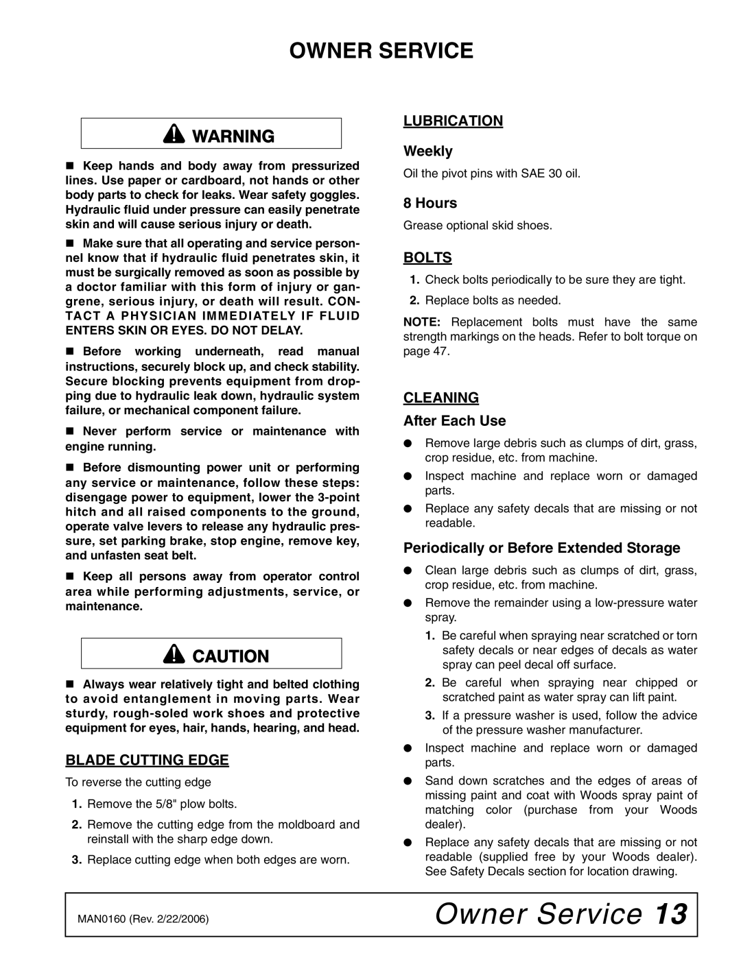 Woods Equipment RB850-4, RB750-4 manual Lubrication, Bolts, Cleaning, Blade Cutting Edge 