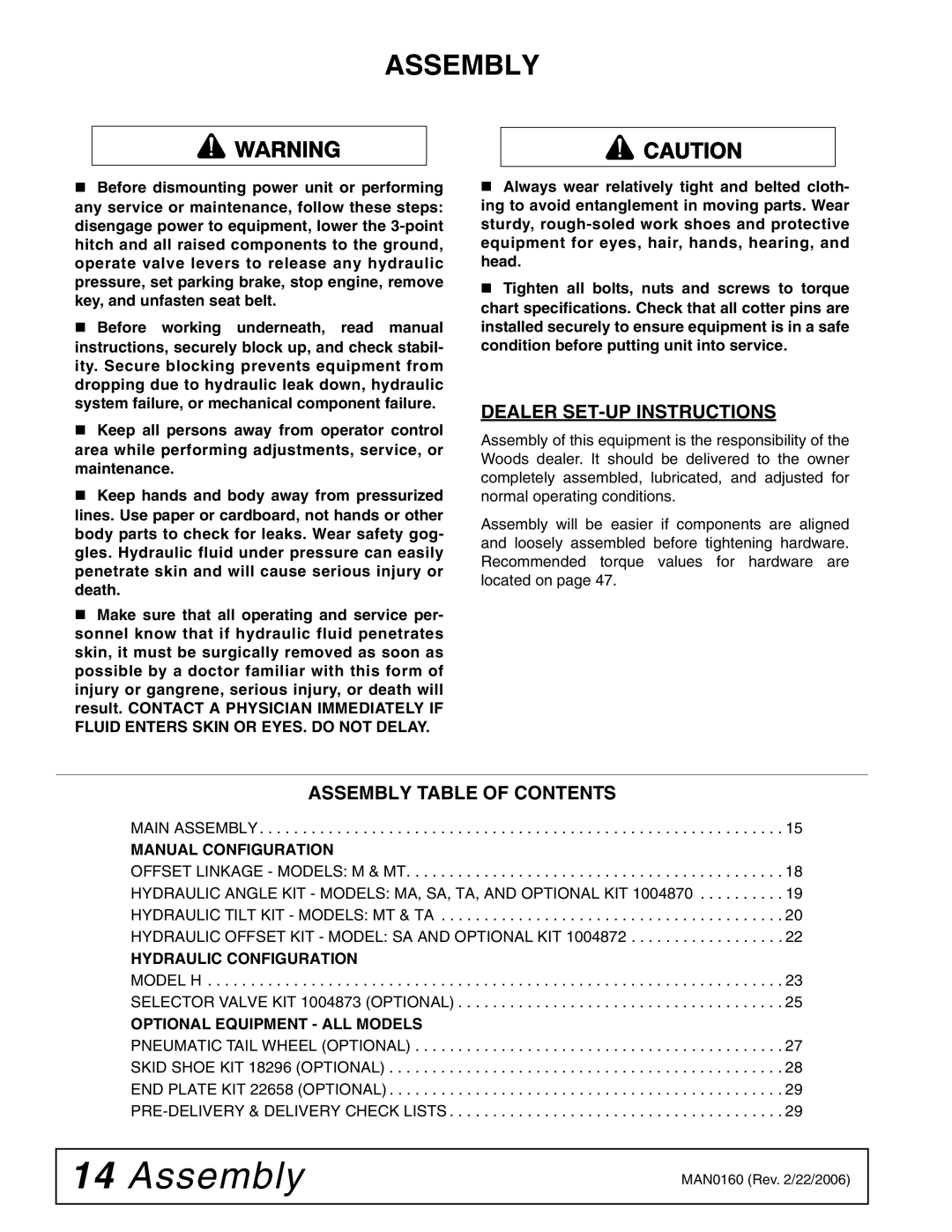 Woods Equipment RB750-4, RB850-4 manual Dealer SET-UP Instructions, Assembly Table of Contents 