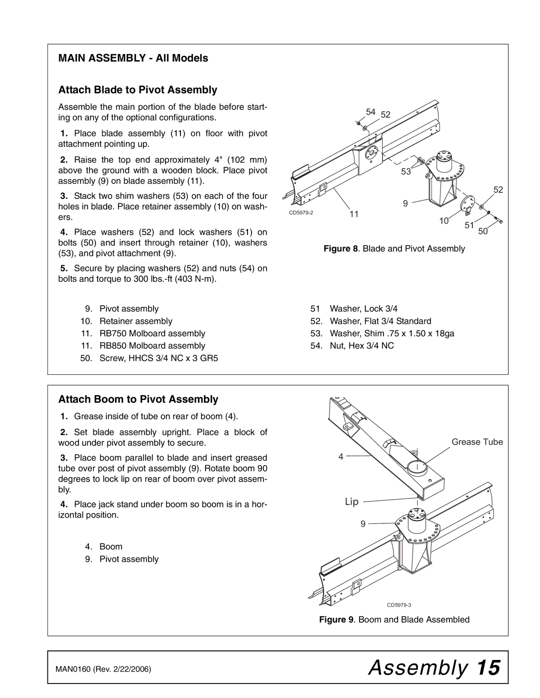 Woods Equipment RB850-4, RB750-4 Main Assembly All Models Attach Blade to Pivot Assembly, Attach Boom to Pivot Assembly 