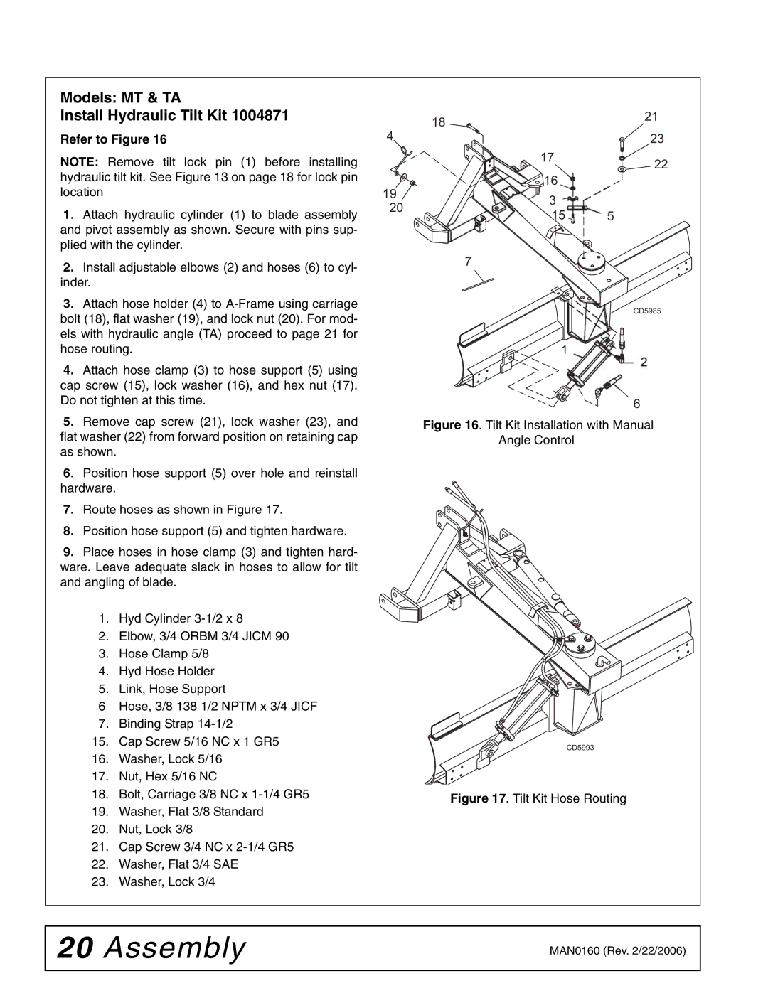 Woods Equipment RB750-4 manual Models MT & TA Install Hydraulic Tilt Kit, Tilt Kit Installation with Manual Angle Control 