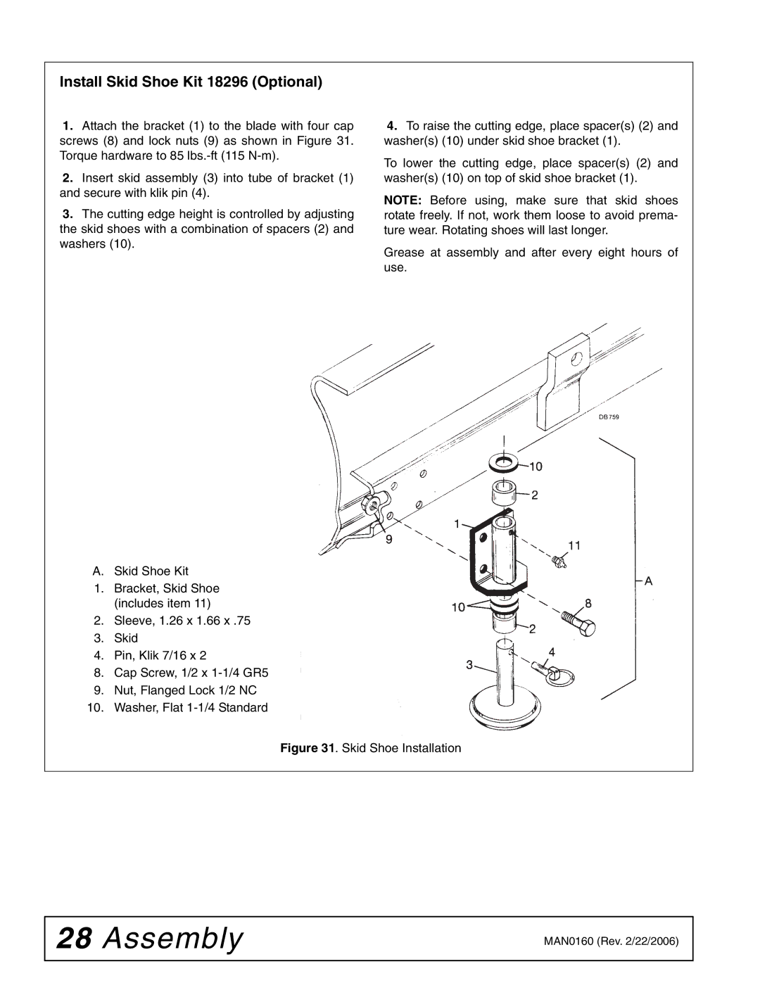 Woods Equipment RB750-4, RB850-4 manual Install Skid Shoe Kit 18296 Optional, Skid Shoe Installation 