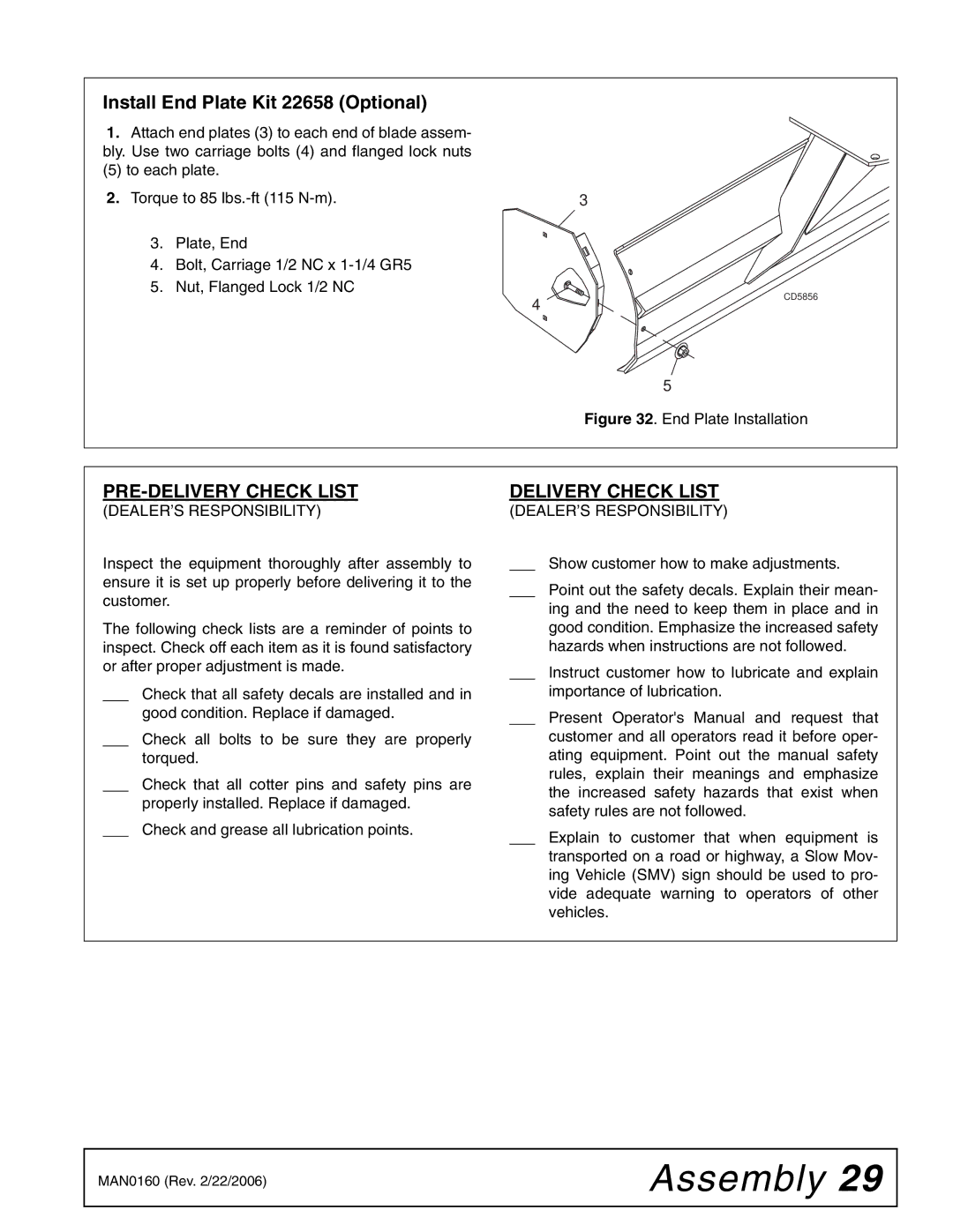 Woods Equipment RB850-4, RB750-4 manual Install End Plate Kit 22658 Optional, PRE-DELIVERY Check List, Delivery Check List 