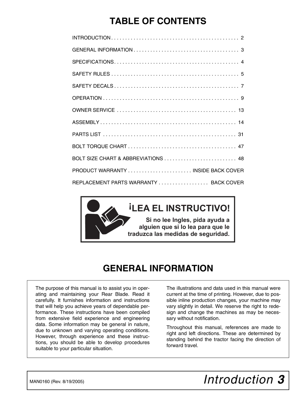 Woods Equipment RB850-4, RB750-4 manual Table of Contents, General Information 