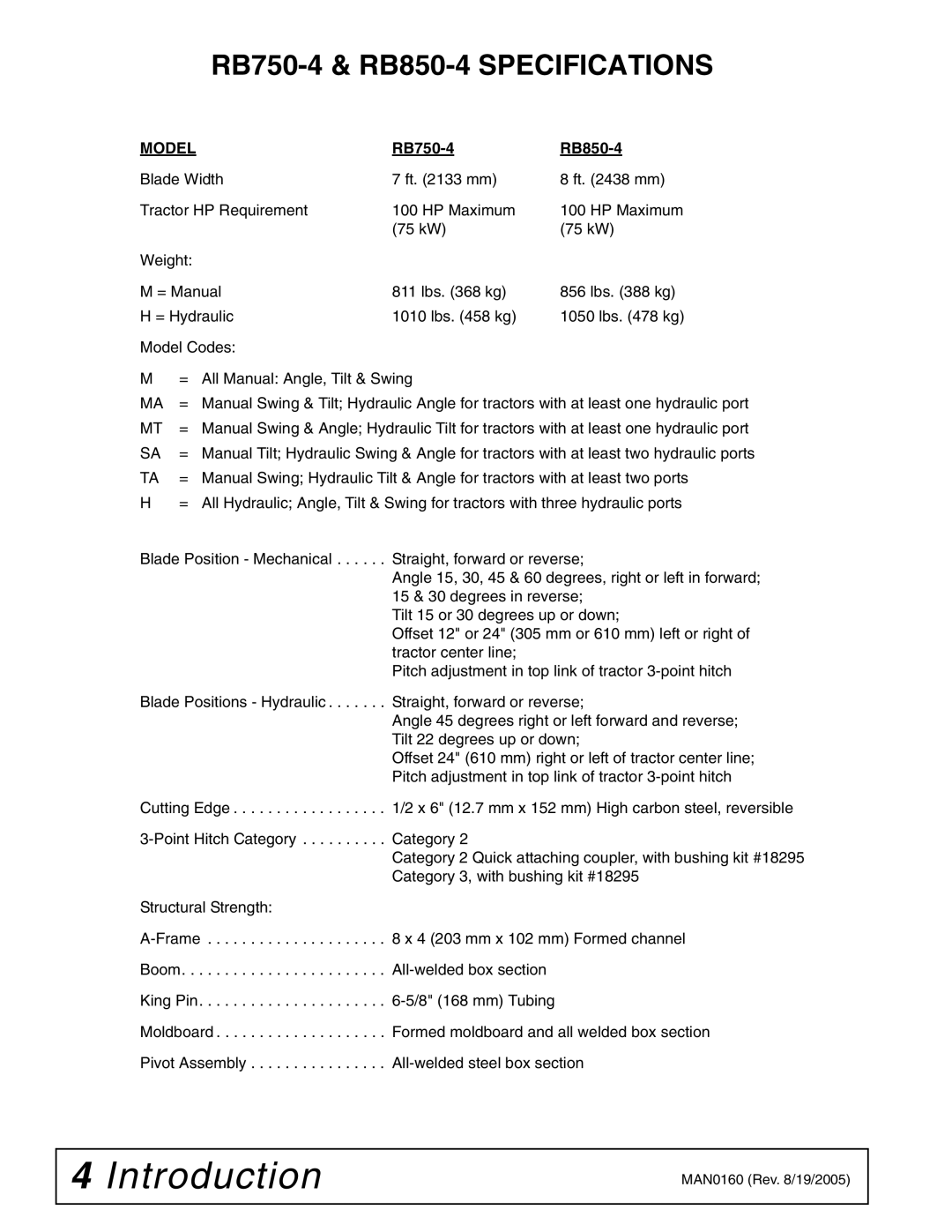 Woods Equipment manual RB750-4 & RB850-4 Specifications, Model 