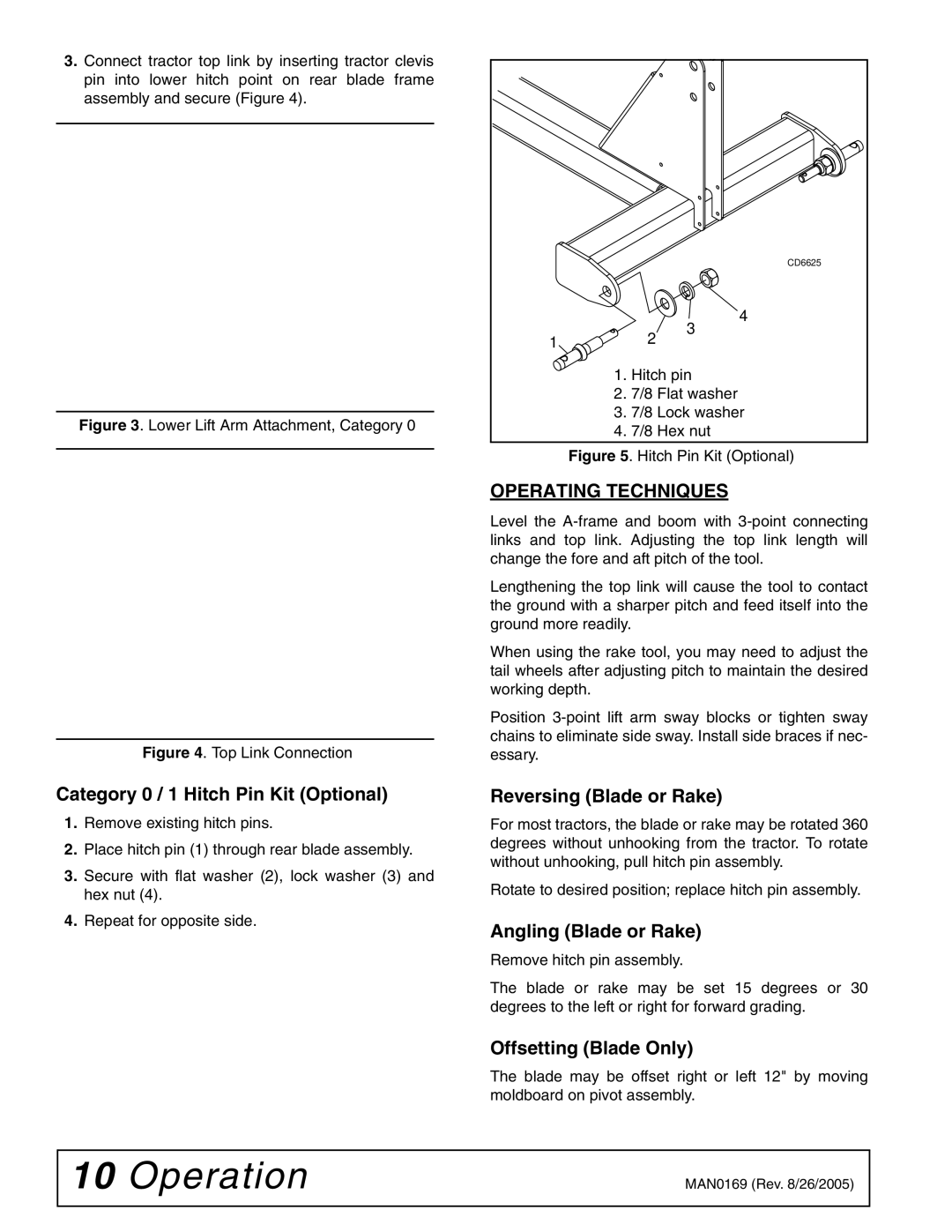 Woods Equipment RBC60 LRC60 manual Category 0 / 1 Hitch Pin Kit Optional, Operating Techniques, Reversing Blade or Rake 