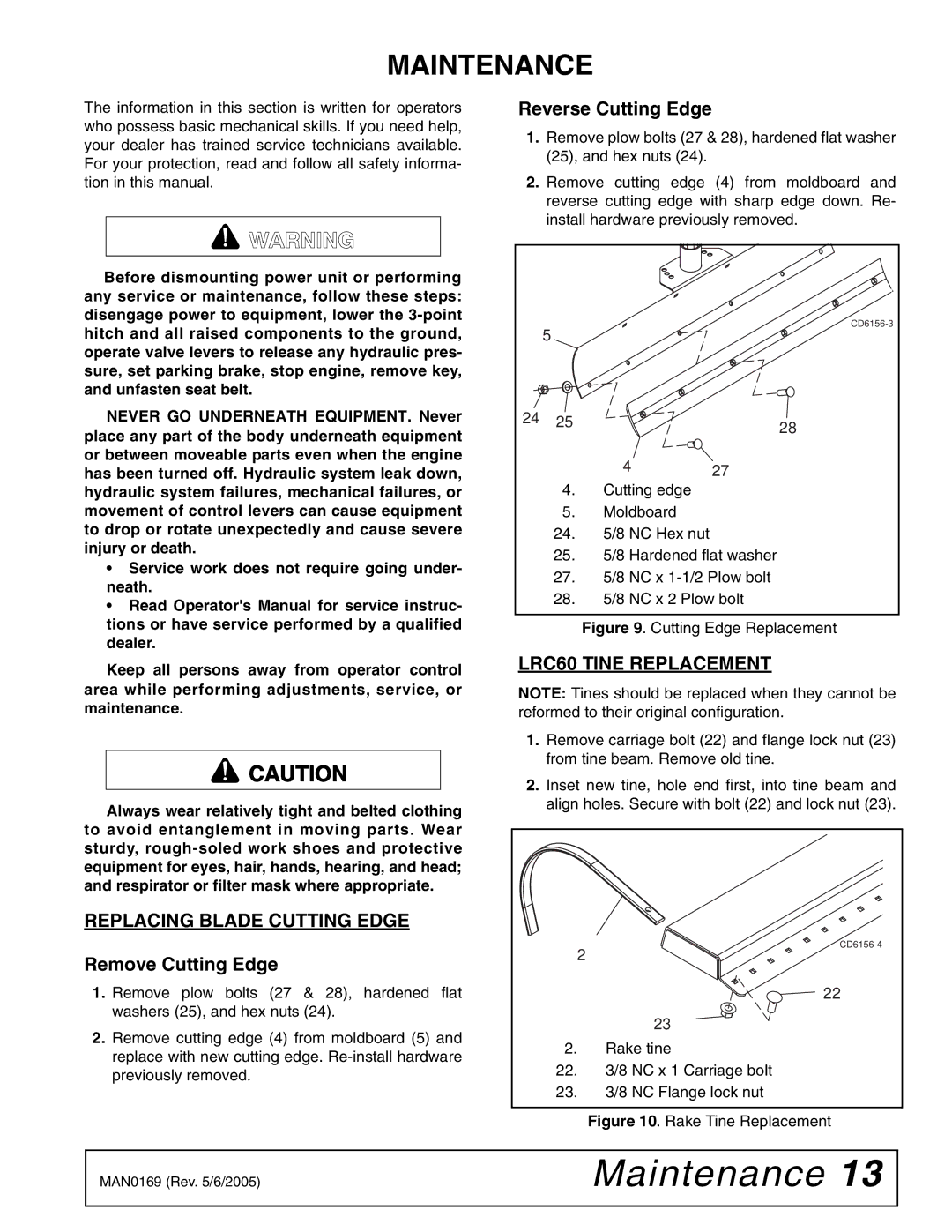 Woods Equipment RBC60 LRC60 manual Maintenance, Replacing Blade Cutting Edge, LRC60 Tine Replacement 