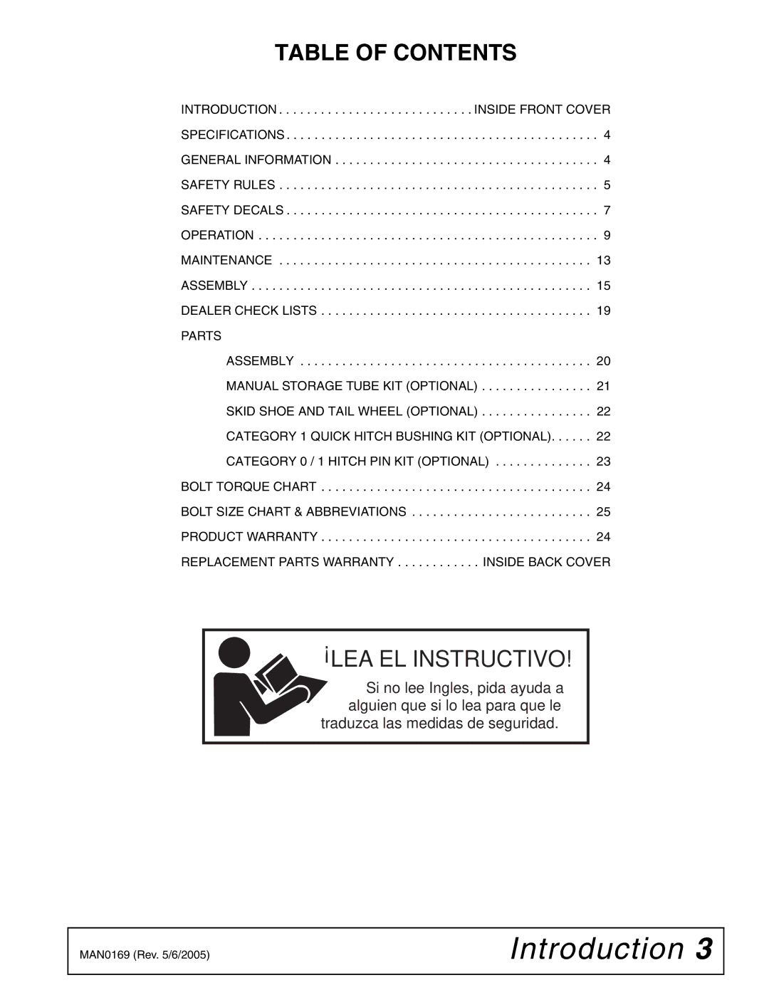 Woods Equipment RBC60 LRC60 manual Table of Contents, LEA EL Instructivo 