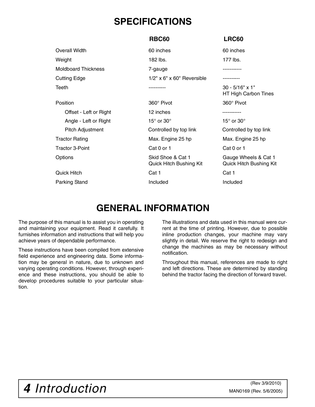 Woods Equipment RBC60 LRC60 manual Specifications, General Information 