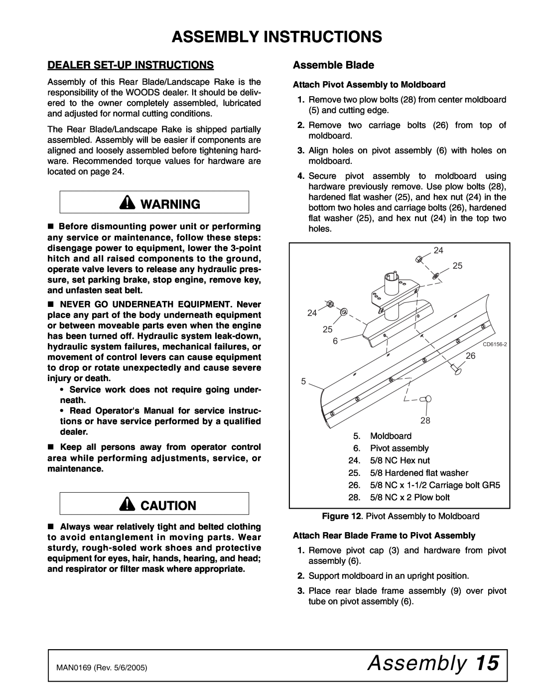 Woods Equipment RBC60 LRC60 manual Assembly Instructions, Dealer Set-Up Instructions, Assemble Blade 