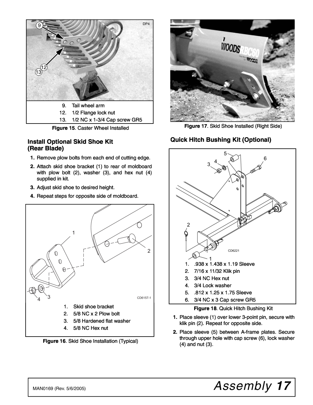 Woods Equipment RBC60 LRC60 manual Install Optional Skid Shoe Kit Rear Blade, Quick Hitch Bushing Kit Optional, Assembly 