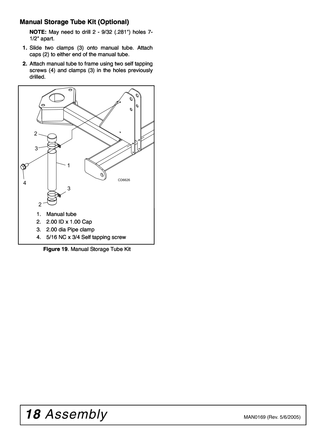 Woods Equipment RBC60 LRC60 manual Assembly, Manual Storage Tube Kit Optional 