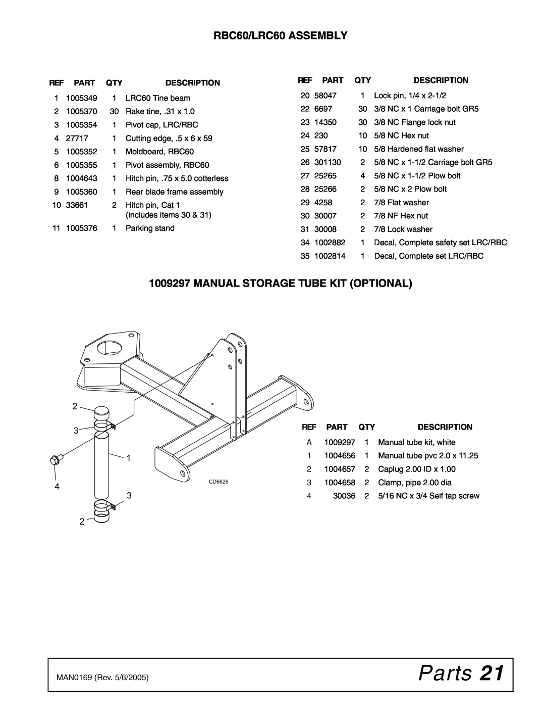 Woods Equipment RBC60 LRC60 manual Parts, Manual Storage Tube Kit Optional, RBC60/LRC60 ASSEMBLY, Description 