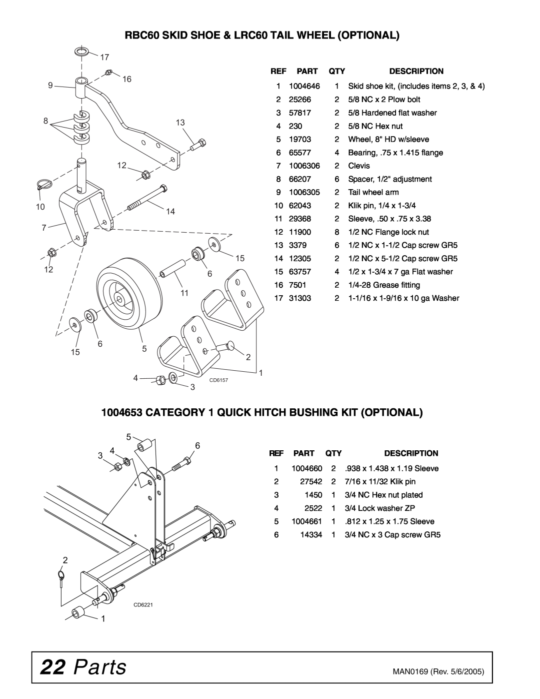 Woods Equipment RBC60 LRC60 manual Parts, RBC60 SKID SHOE & LRC60 TAIL WHEEL OPTIONAL, Description 