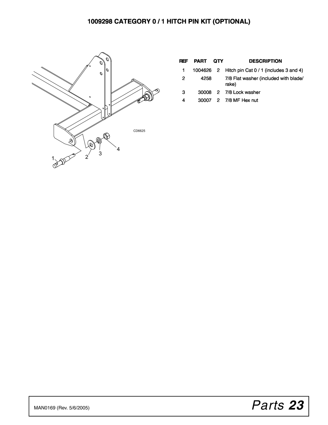 Woods Equipment RBC60 LRC60 manual CATEGORY 0 / 1 HITCH PIN KIT OPTIONAL, Parts, Description, CD6625 